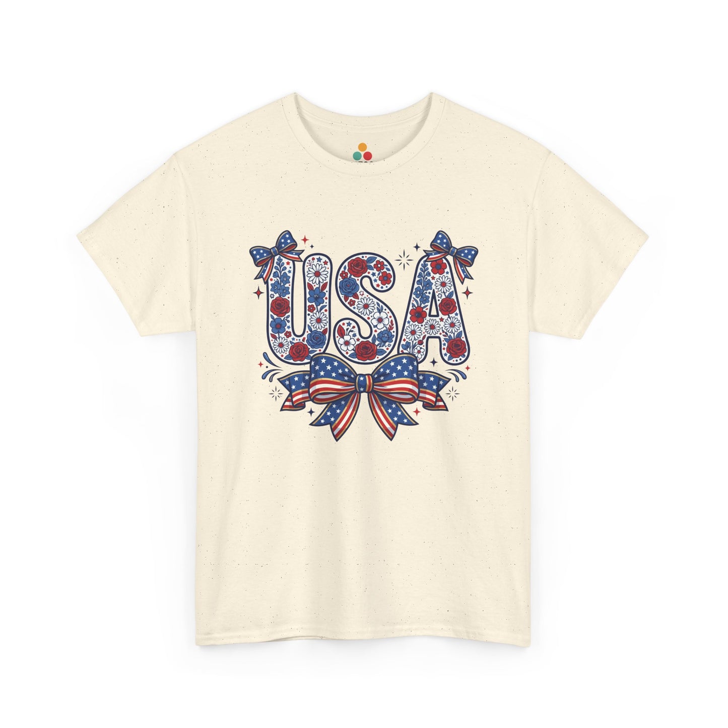 USA Floral Bow cream ivory cotton T-Shirt – Retro Patriotic Gift for Women | TEEZOCA 