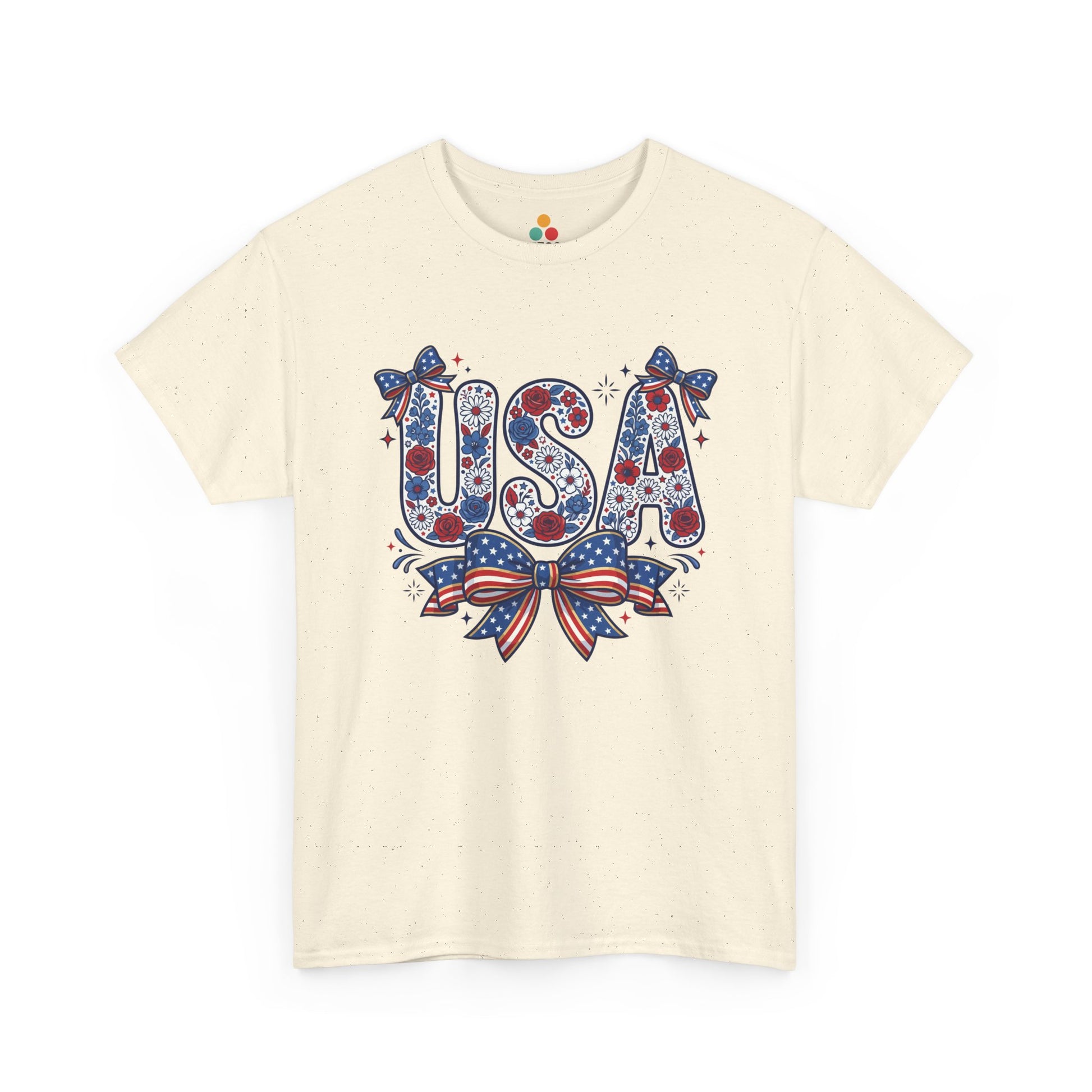 USA Floral Bow cream ivory cotton T-Shirt – Retro Patriotic Gift for Women | TEEZOCA 