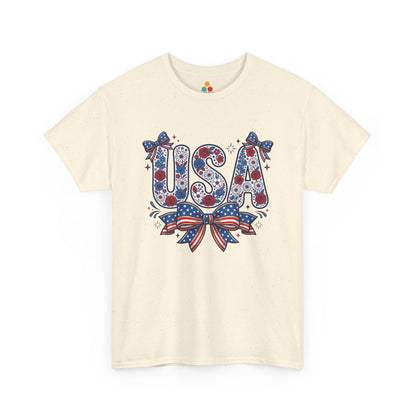 USA Floral Bow cream ivory cotton T-Shirt – Retro Patriotic Gift for Women | TEEZOCA 