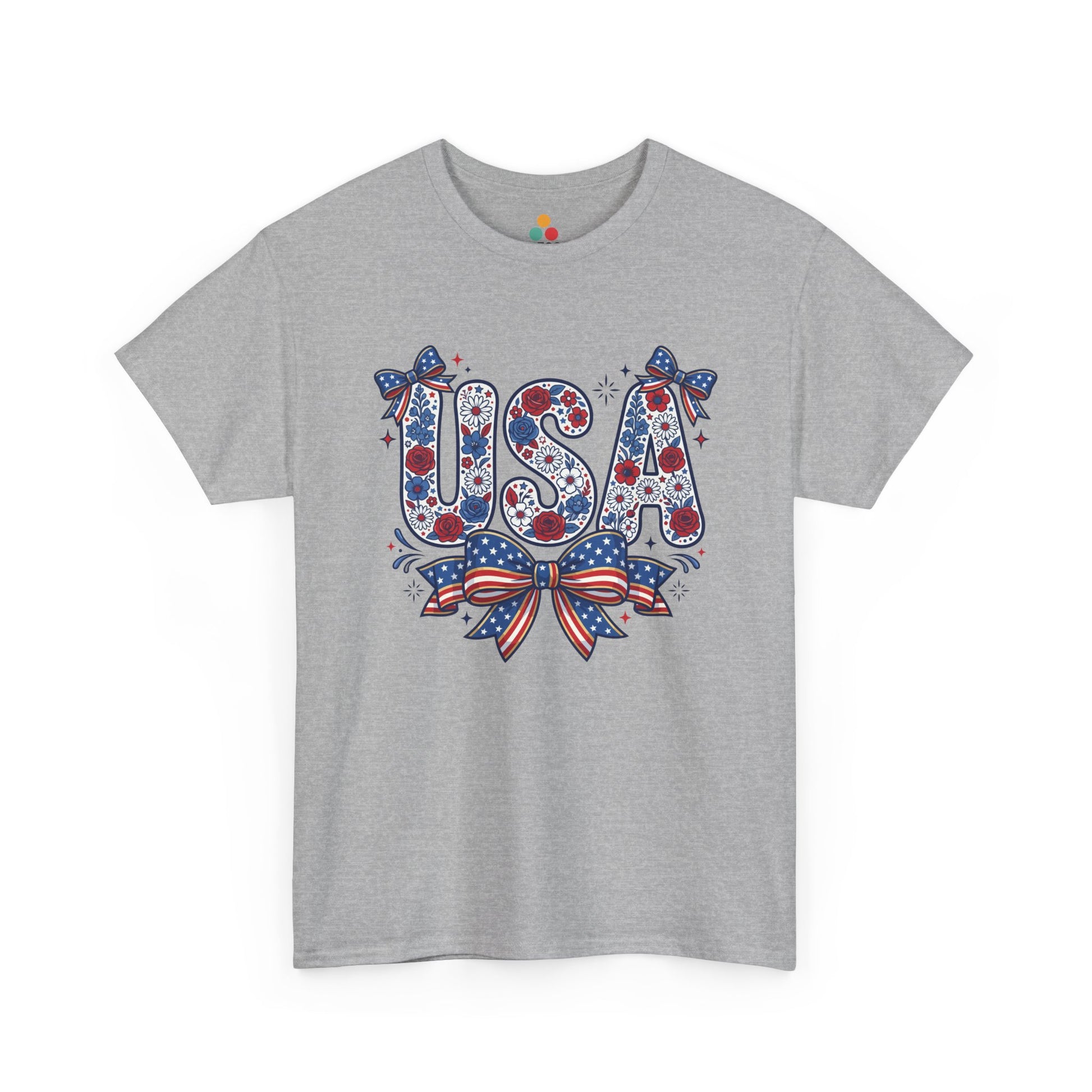 USA Floral Bow heather grey T-Shirt – Retro Patriotic Gift for Women | TEEZOCA 