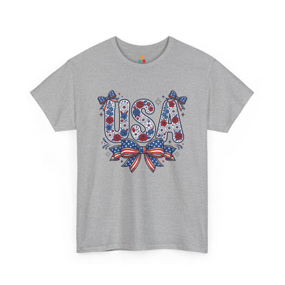 USA Floral Bow heather grey T-Shirt – Retro Patriotic Gift for Women | TEEZOCA 