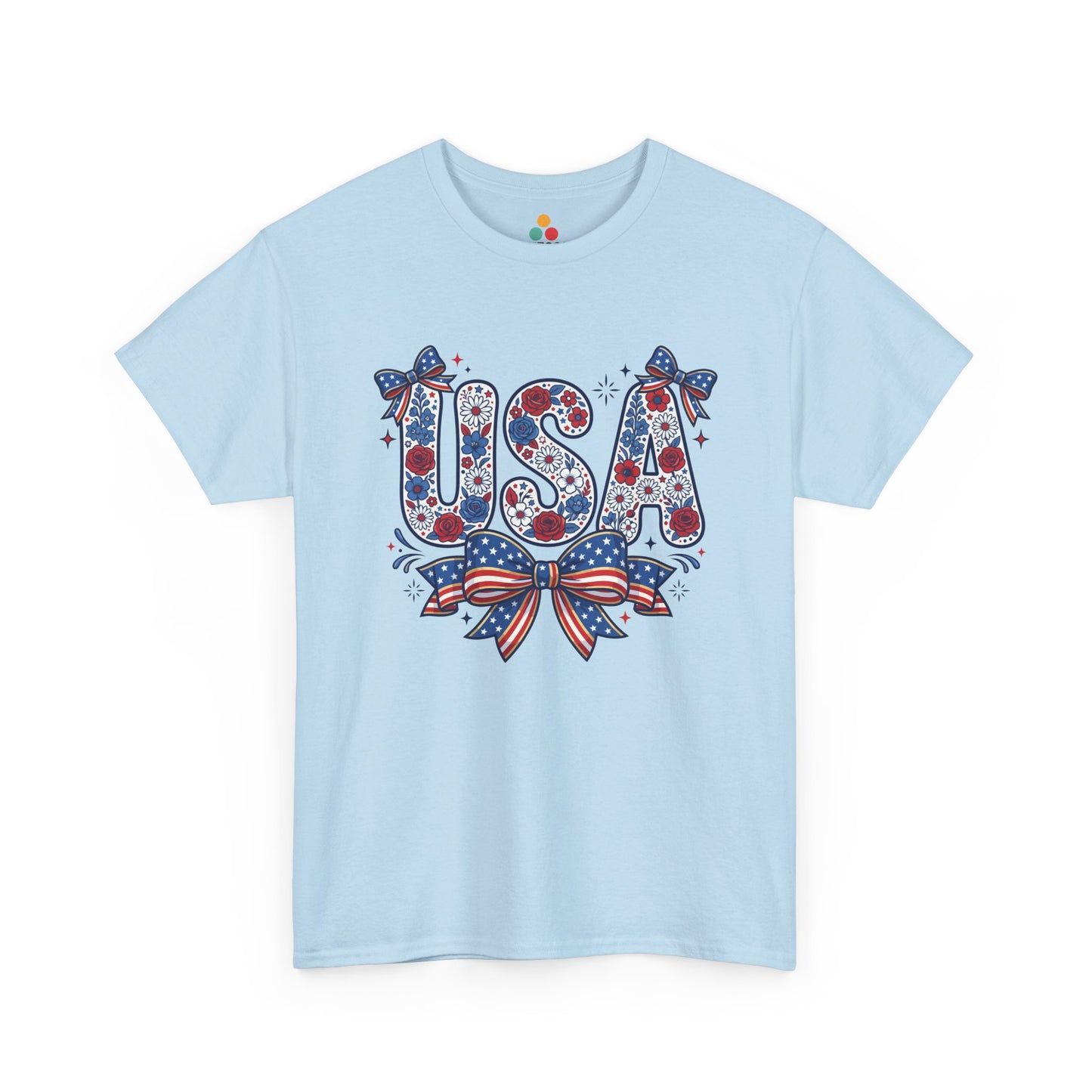 USA Floral Bow light blue T-Shirt – Retro Patriotic Gift for Women | TEEZOCA 