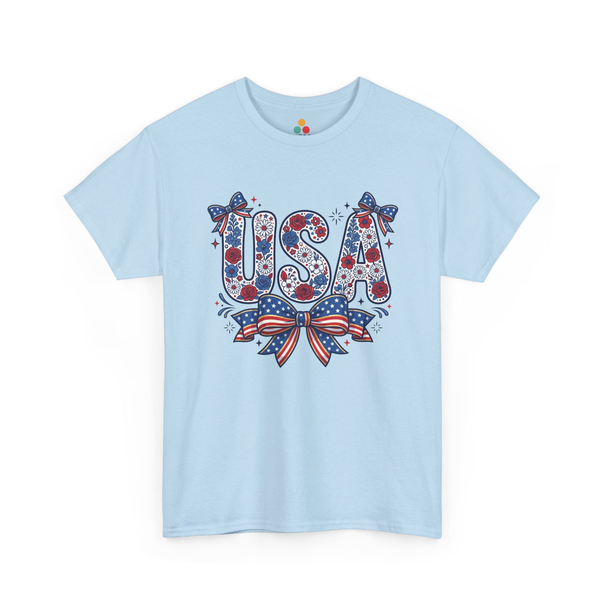 USA Floral Bow light blue T-Shirt – Retro Patriotic Gift for Women | TEEZOCA 