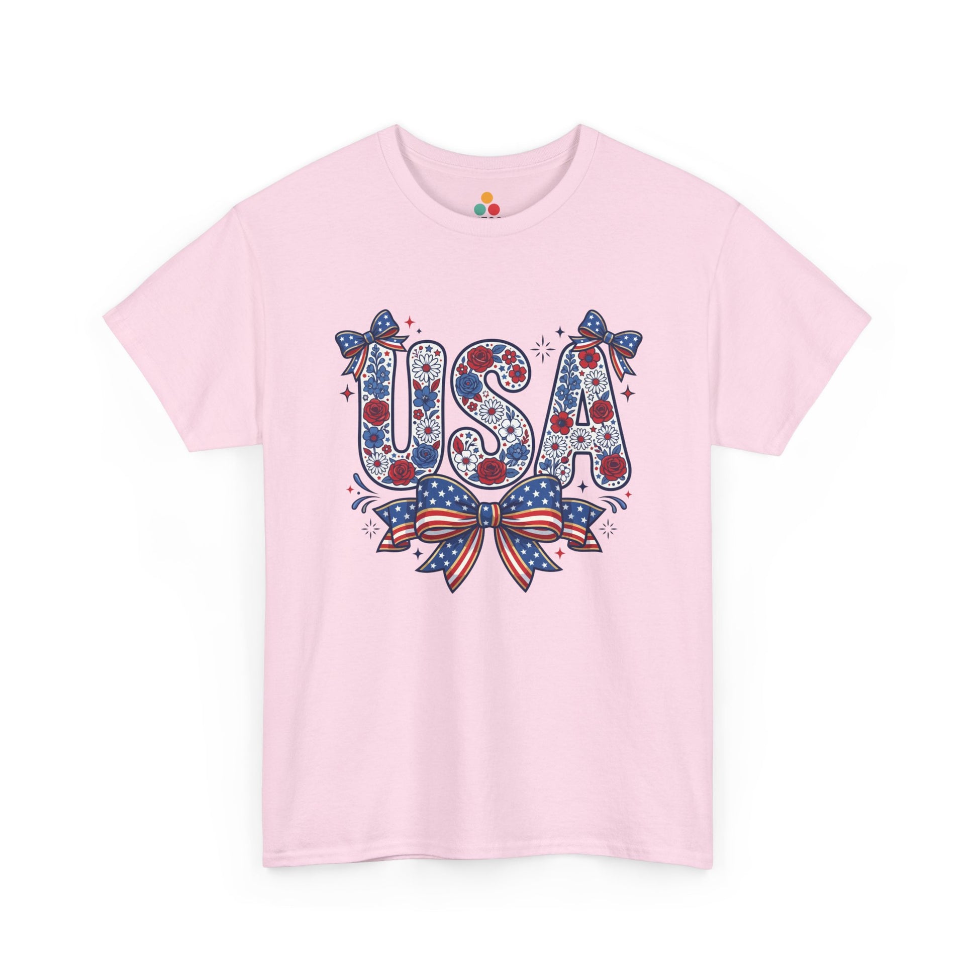 USA Floral Bow soft pink T-Shirt – Retro Patriotic Gift for Women | TEEZOCA 