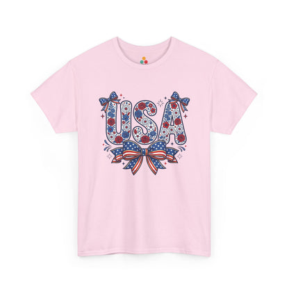 USA Floral Bow soft pink T-Shirt – Retro Patriotic Gift for Women | TEEZOCA 