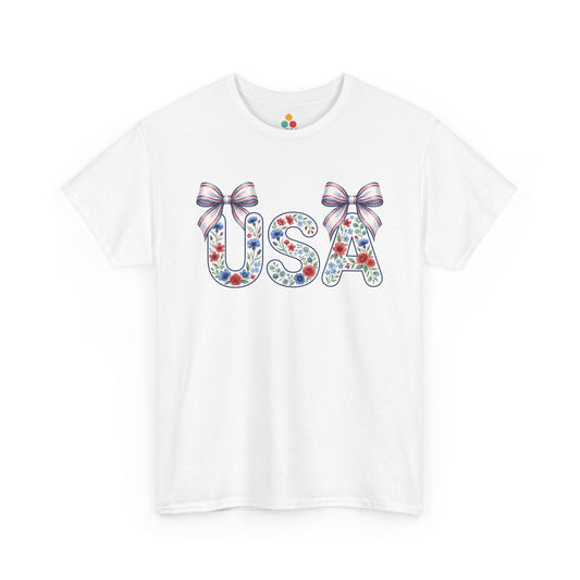 USA Floral Coquette white T-Shirt – Retro Patriotic Gift for Women | TEEZOCA 