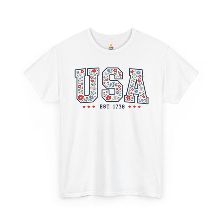 USA Botanical Bow White T-Shirt Retro Patriotic Gift for Women TEEZOCA