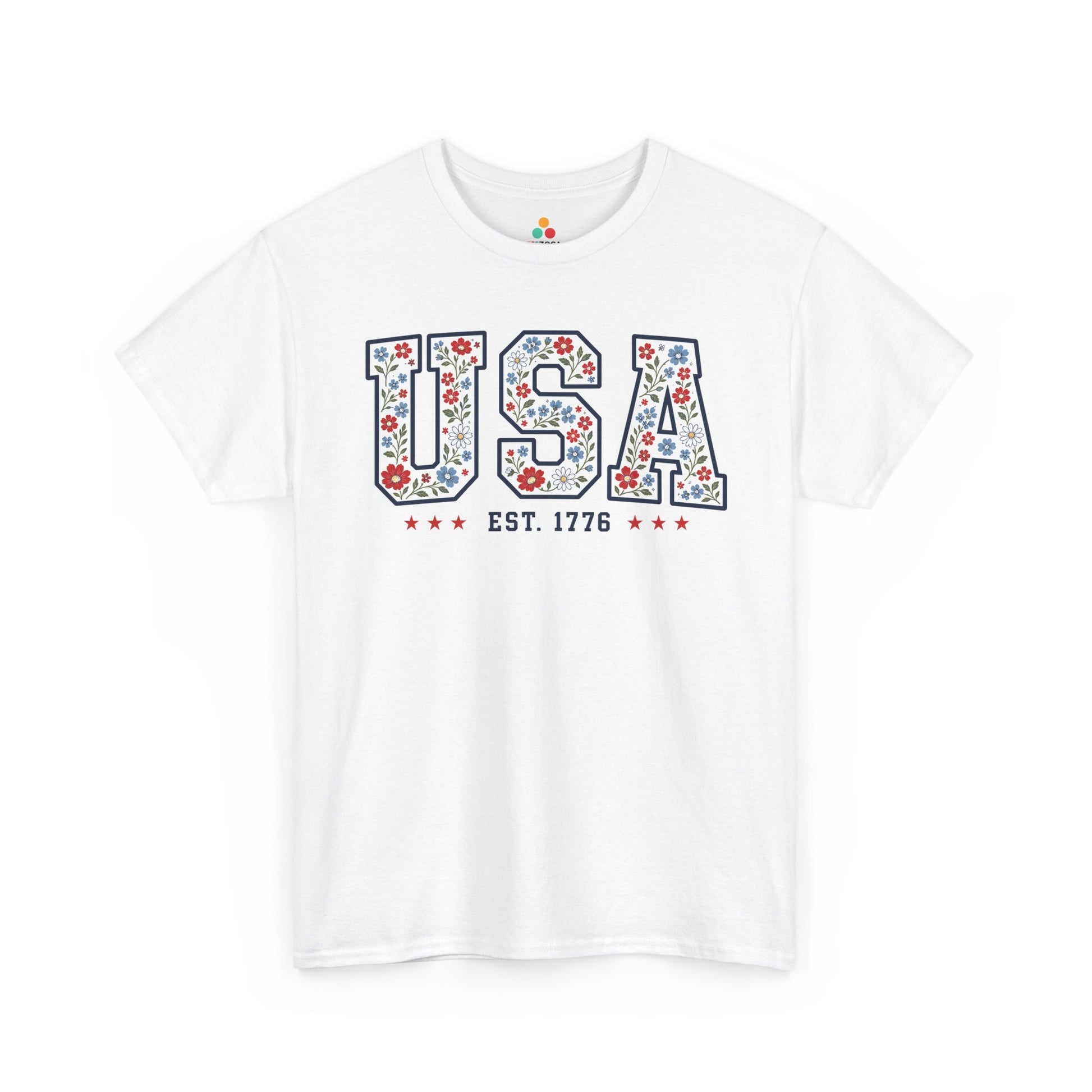 USA Shirt Women Cute Floral American Flag Est 1776 T-shirt Gift | TEEZOCA usa shirt women T-shirt with floral USA letters, red and blue flowers, navy outline, red stars, and Est. 1776 text.
