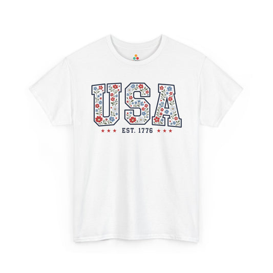 USA Shirt Women Cute Floral American Flag Est 1776 T-shirt Gift | TEEZOCA usa shirt women T-shirt with floral USA letters, red and blue flowers, navy outline, red stars, and Est. 1776 text.
