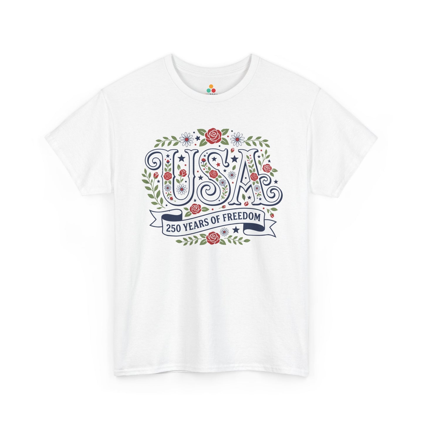 USA Shirt Women design with floral USA letters and 250 Years of Freedom ribbon for 4th of July, parades, patriotic moms, summer events, and TEEZOCA gifts.
