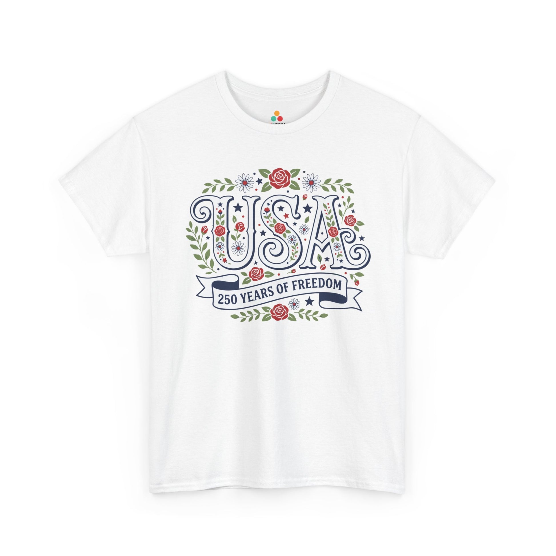 USA Shirt Women design with floral USA letters and 250 Years of Freedom ribbon for 4th of July, parades, patriotic moms, summer events, and TEEZOCA gifts.

