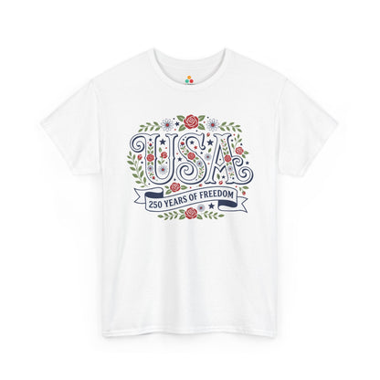 USA Shirt Women design with floral USA letters and 250 Years of Freedom ribbon for 4th of July, parades, patriotic moms, summer events, and TEEZOCA gifts.
