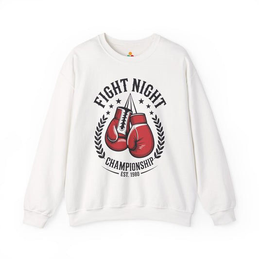 Unisex boxing graphic sweatshirt with vintage championship gloves artwork White sweatshirt with red boxing gloves and 'Fight Night Championship' text on a white background