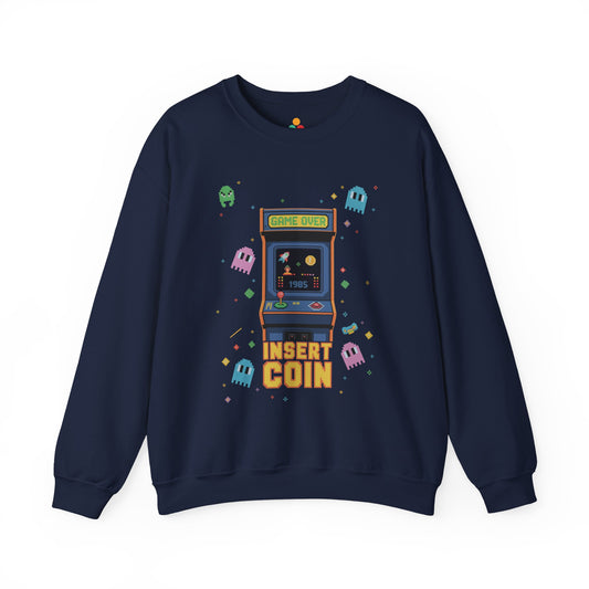 Unisex retro video game sweatshirt with old school arcade illustration Navy blue sweatshirt with retro arcade game design on a white background