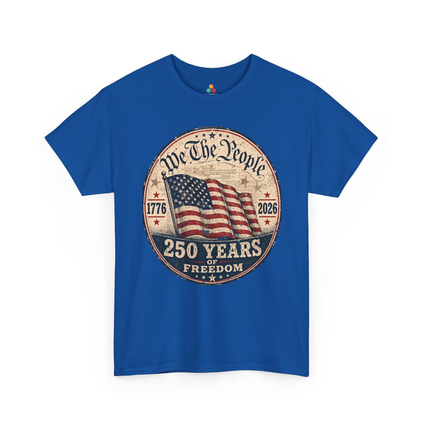 United States 250th Anniversary t-shirt by TEEZOCA with distressed red, cream, and navy 250 Years of Freedom artwork.
