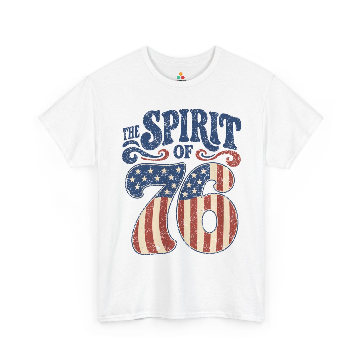 Vintage 4th of July T-shirt by TEEZOCA with Americana graphic tee artwork, cream stars, red stripes, and navy lettering.
