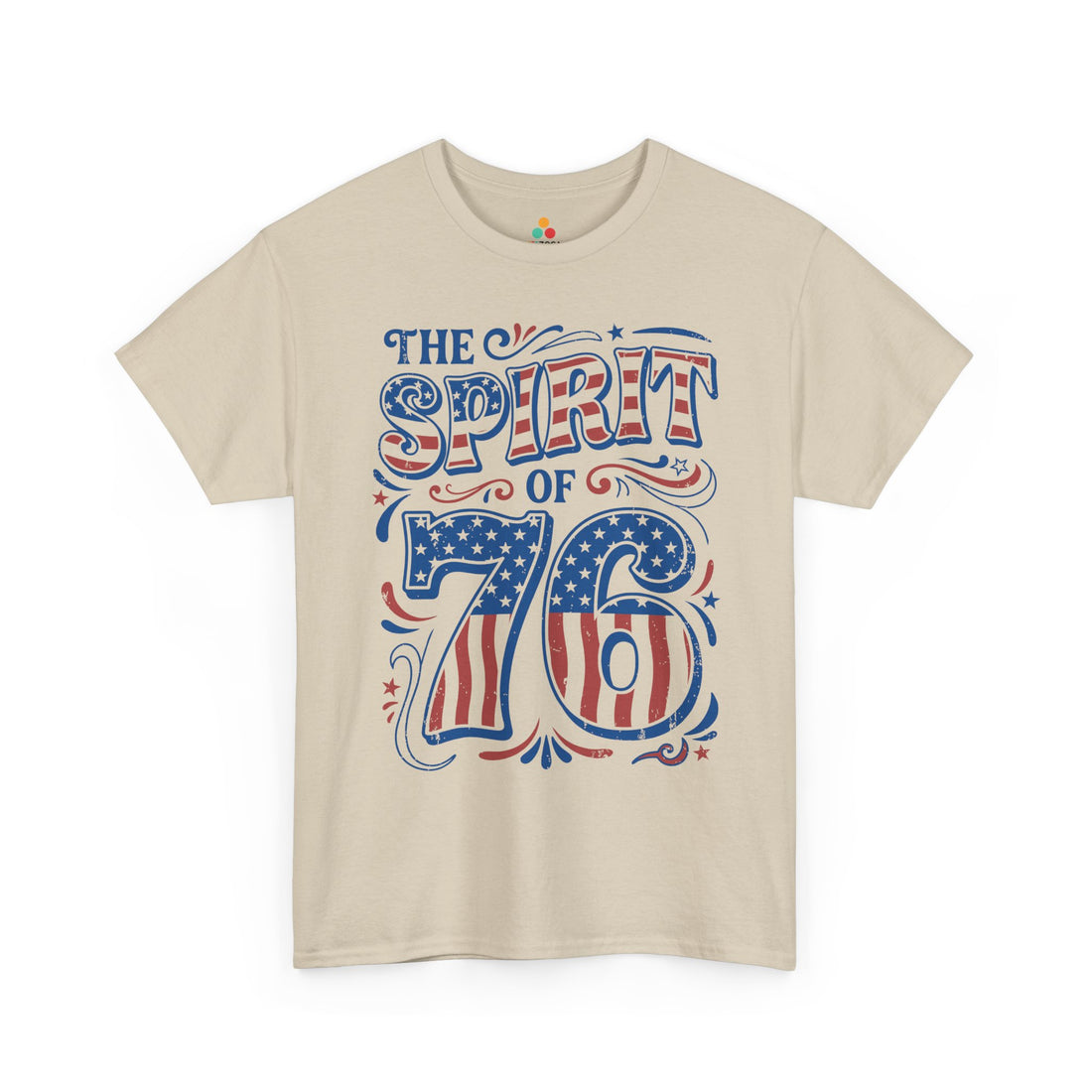 Vintage 4th of July T-shirt by TEEZOCA with The Spirit of 76 lettering American flag numbers and Americana flourishes