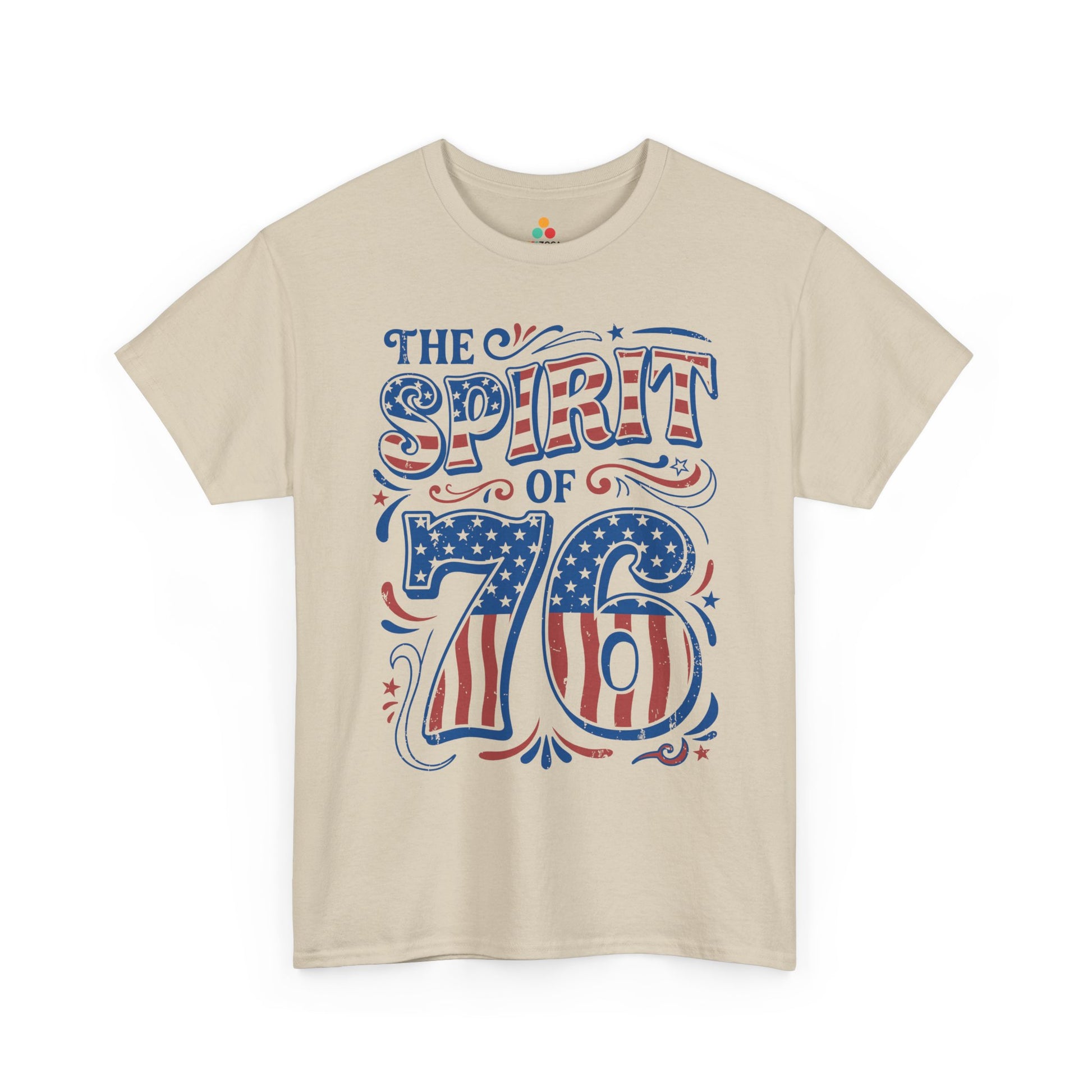 Vintage 4th of July T-shirt by TEEZOCA with “The Spirit of 76” lettering, American flag numbers, and Americana flourishes.
