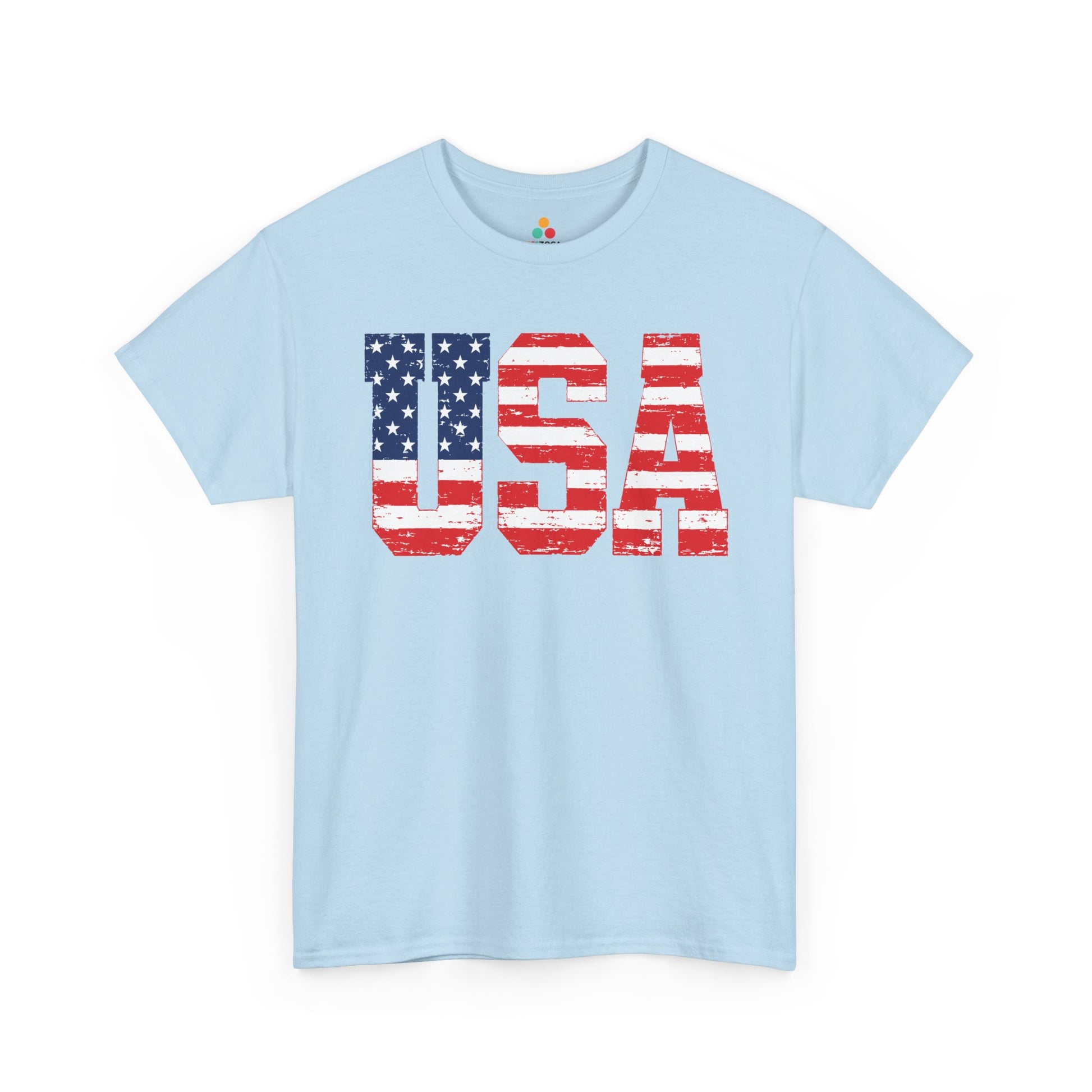 Vintage American flag shirt by TEEZOCA featuring bold USA typography with stars and stripes inside the letters.
