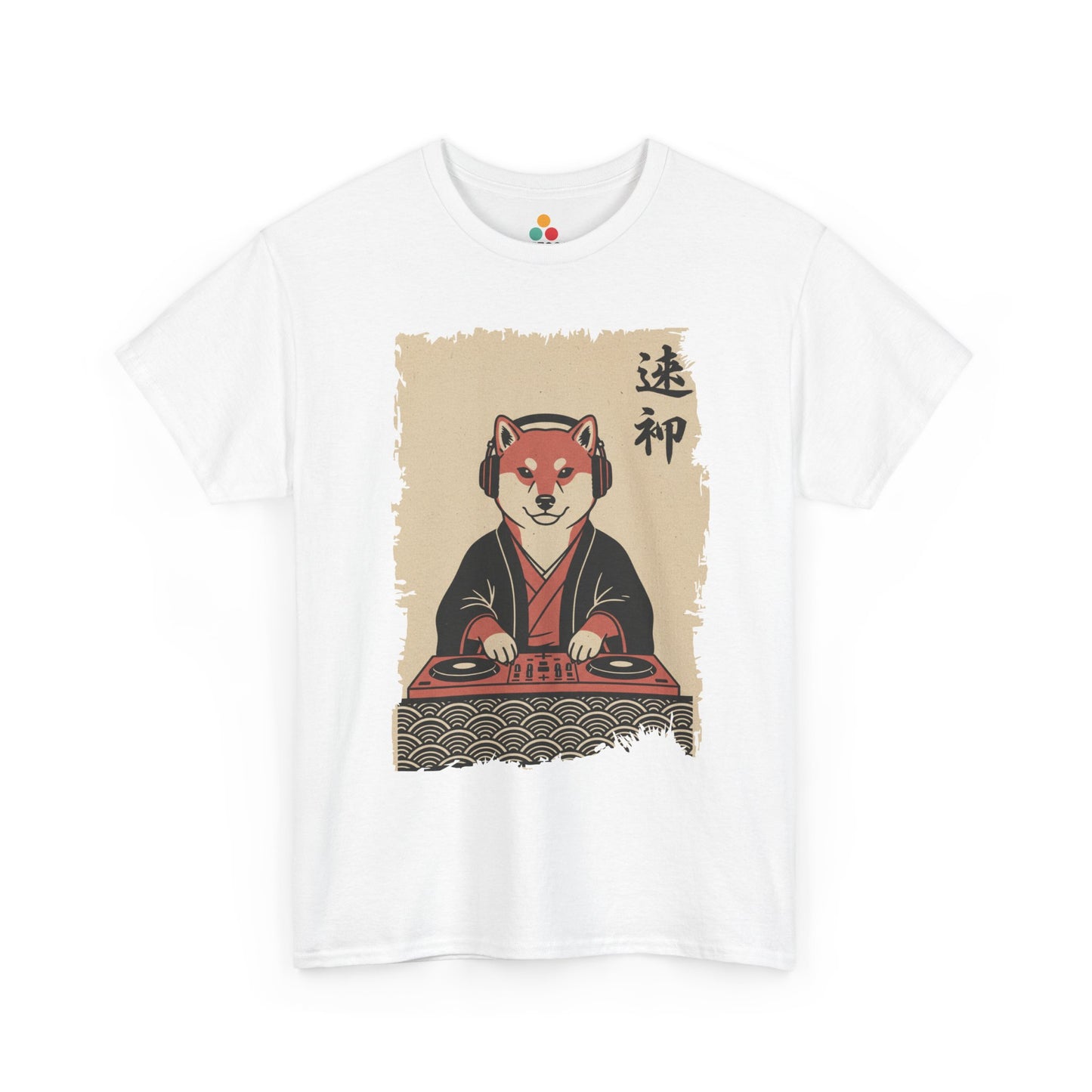 Vintage Japanese Black Tee shirt ukiyo-e style Shiba Inu DJ playing turntable with headphones and calligraphy on parchment background
