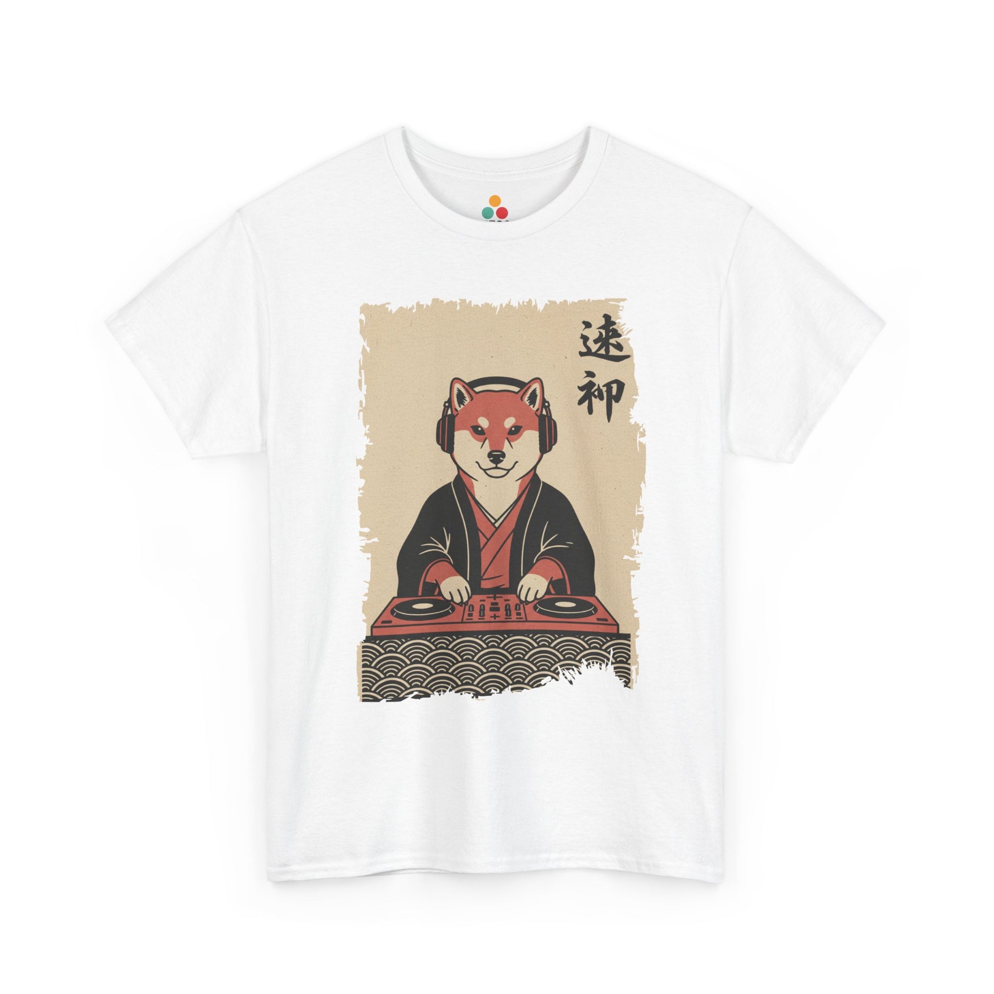 Vintage Japanese Black Tee shirt ukiyo-e style Shiba Inu DJ playing turntable with headphones and calligraphy on parchment background

