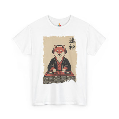 Vintage Japanese Black Tee shirt ukiyo-e style Shiba Inu DJ playing turntable with headphones and calligraphy on parchment background
