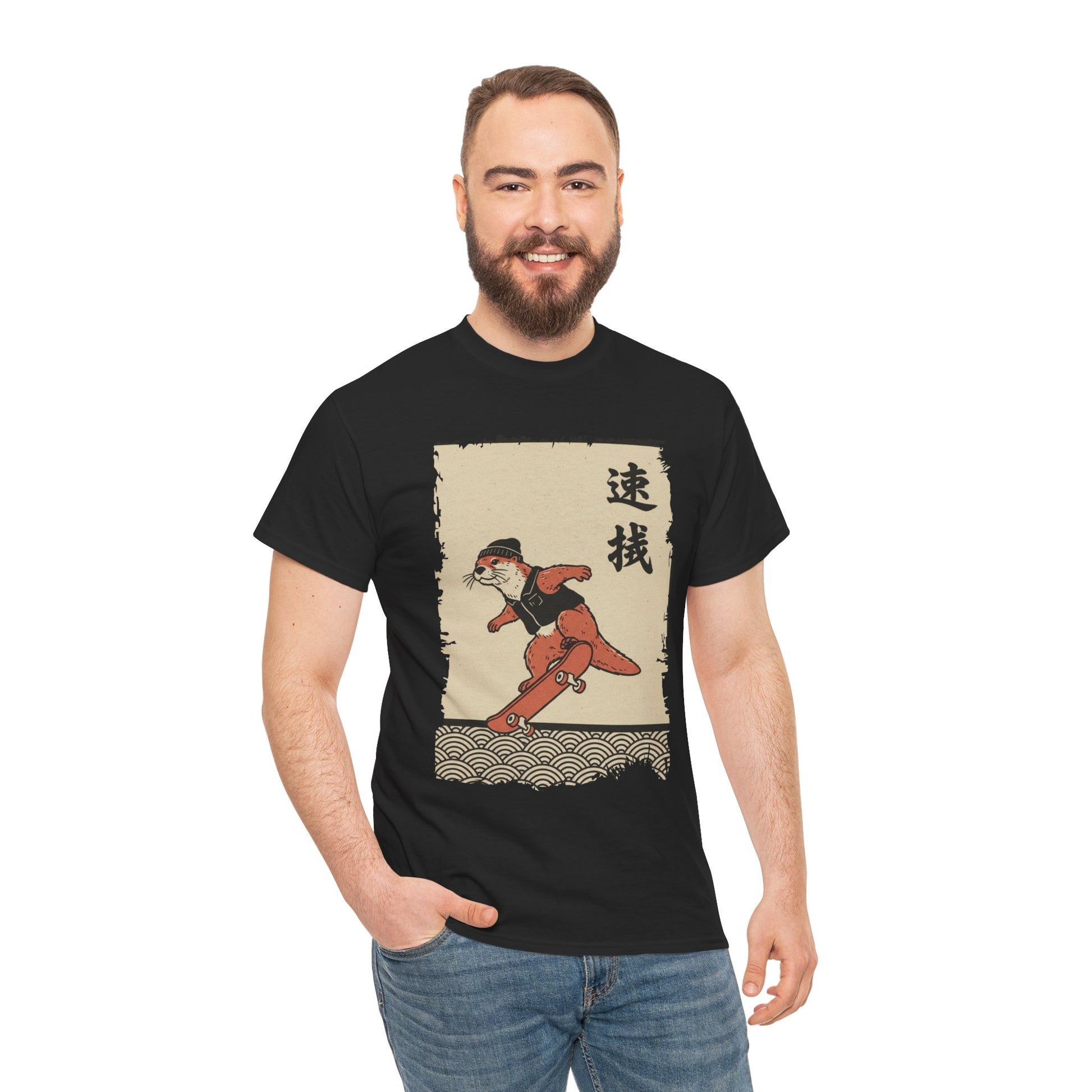 Vintage Japanese Black Vintage ukiyo-e style otter skateboarding with waves and calligraphy on parchment background​ Men tee shirt
