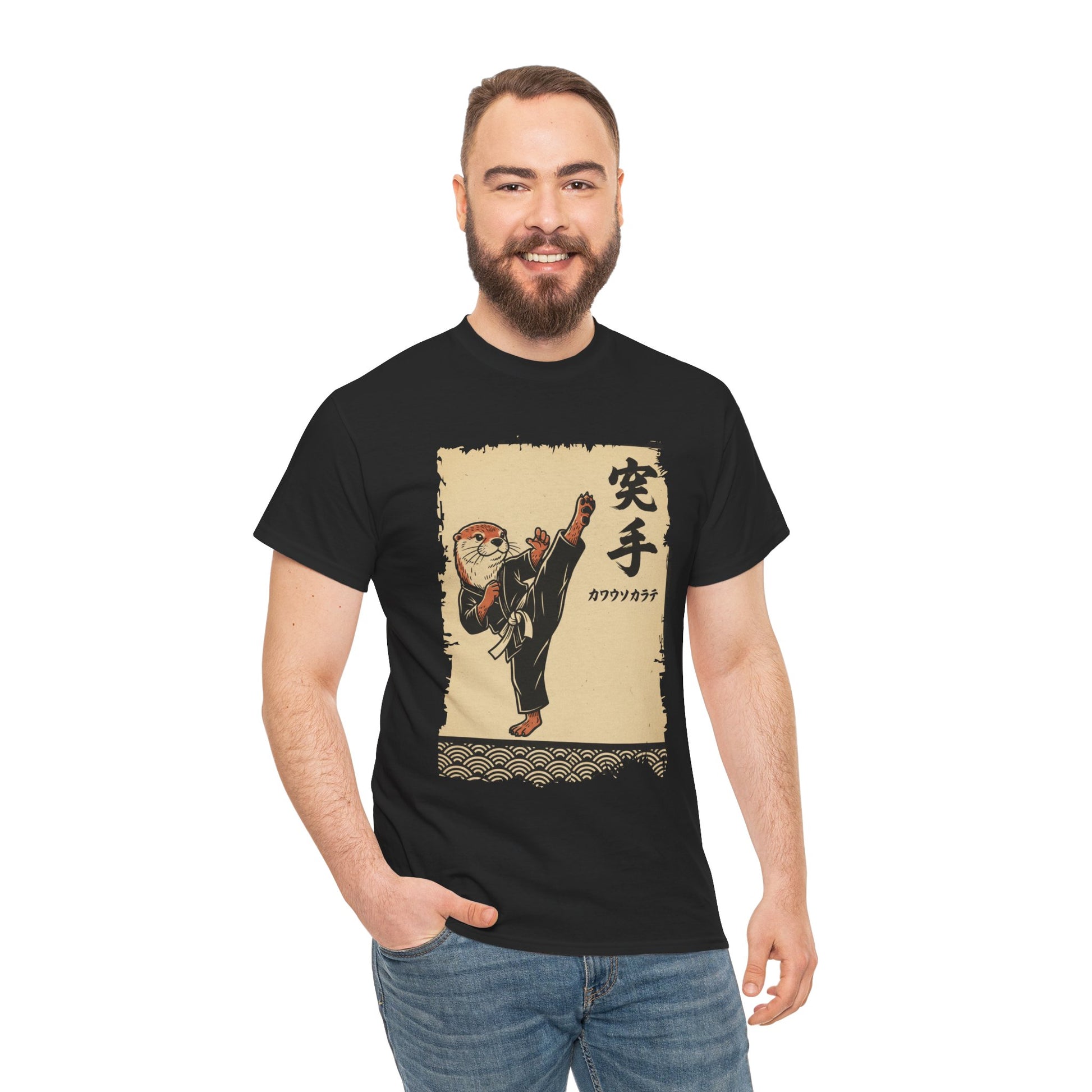 Vintage Japanese Black men Te shirt ukiyo-e style otter karate master doing a high kick with waves and calligraphy on parchment background