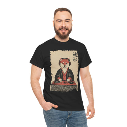 Vintage Japanese Black men Tee shirt ukiyo-e style Shiba Inu DJ playing turntable with headphones and calligraphy on parchment background
