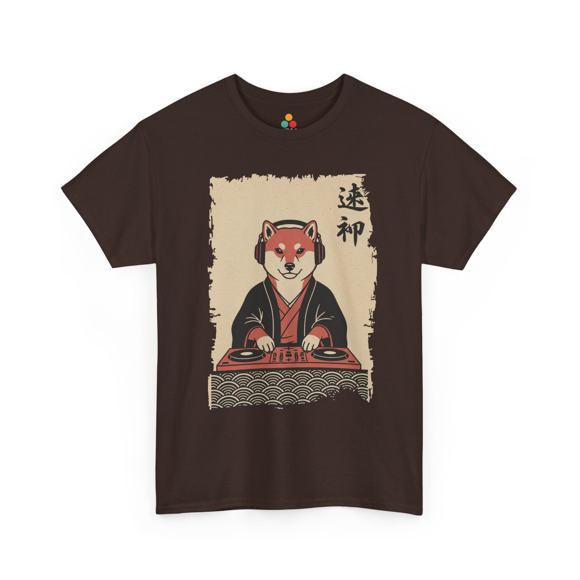 Vintage Japanese Brown Tee shirt ukiyo-e style Shiba Inu DJ playing turntable with headphones and calligraphy on parchment background
