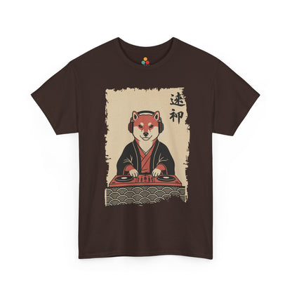 Vintage Japanese Brown Tee shirt ukiyo-e style Shiba Inu DJ playing turntable with headphones and calligraphy on parchment background

