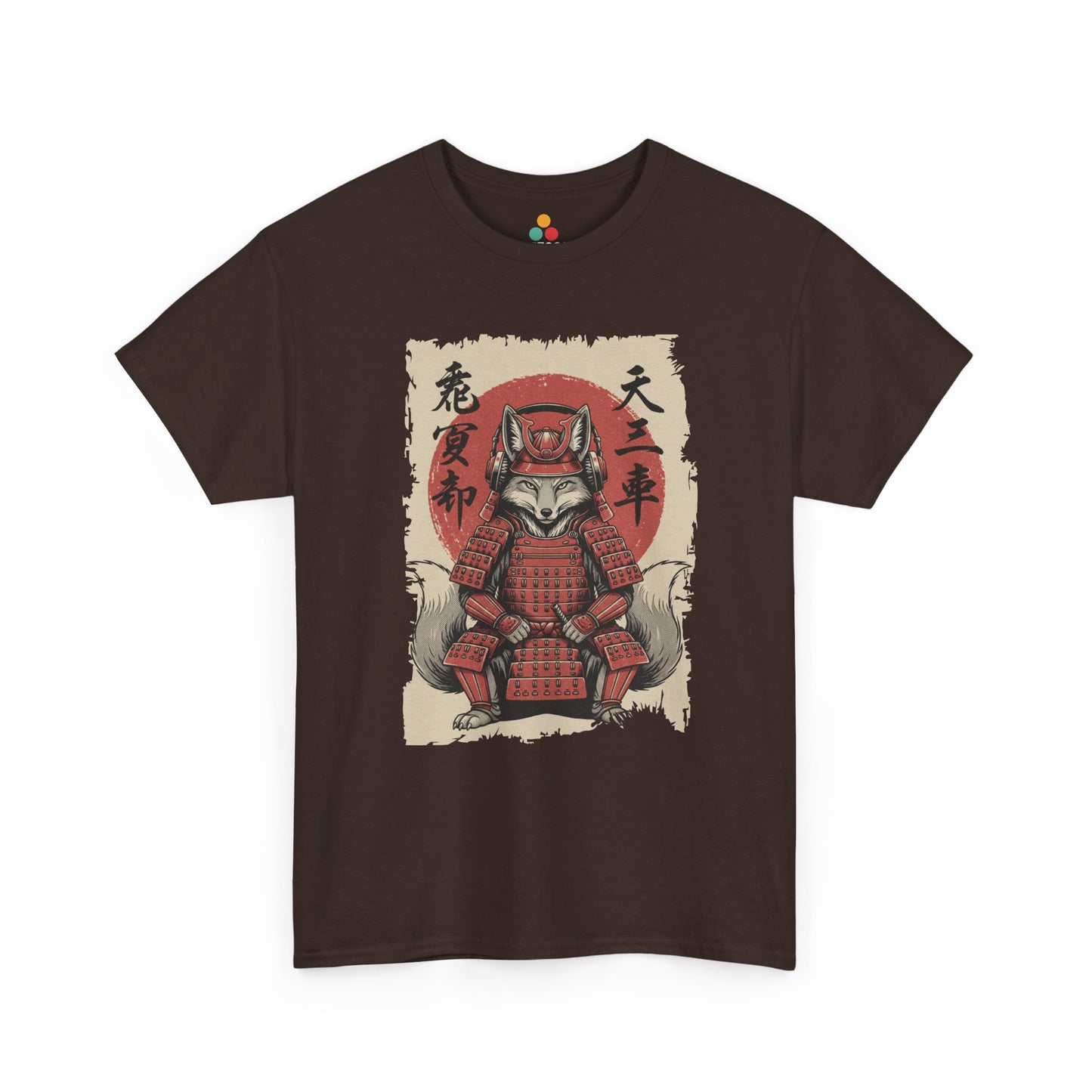 Vintage Japanese Brown Tee shirt ukiyo-e style fox samurai shogun in red armor with red sun and calligraphy on parchment background​


