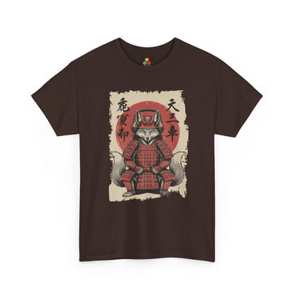 Vintage Japanese Brown Tee shirt ukiyo-e style fox samurai shogun in red armor with red sun and calligraphy on parchment background​

