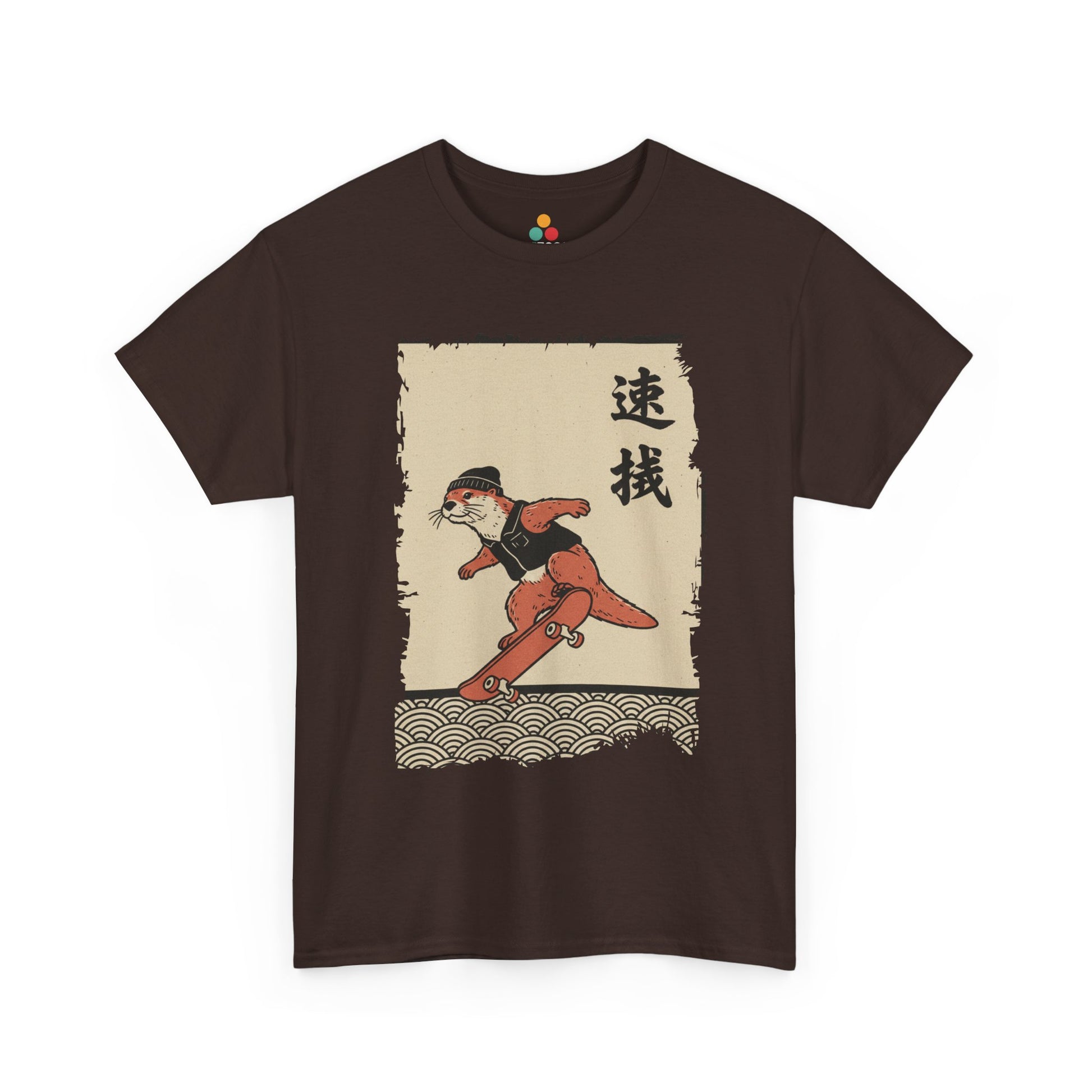 Vintage Japanese Brown Vintage ukiyo-e style otter skateboarding with waves and calligraphy on parchment background​
