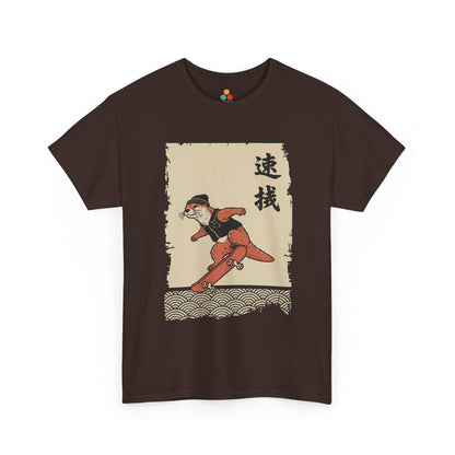 Vintage Japanese Brown Vintage ukiyo-e style otter skateboarding with waves and calligraphy on parchment background​
