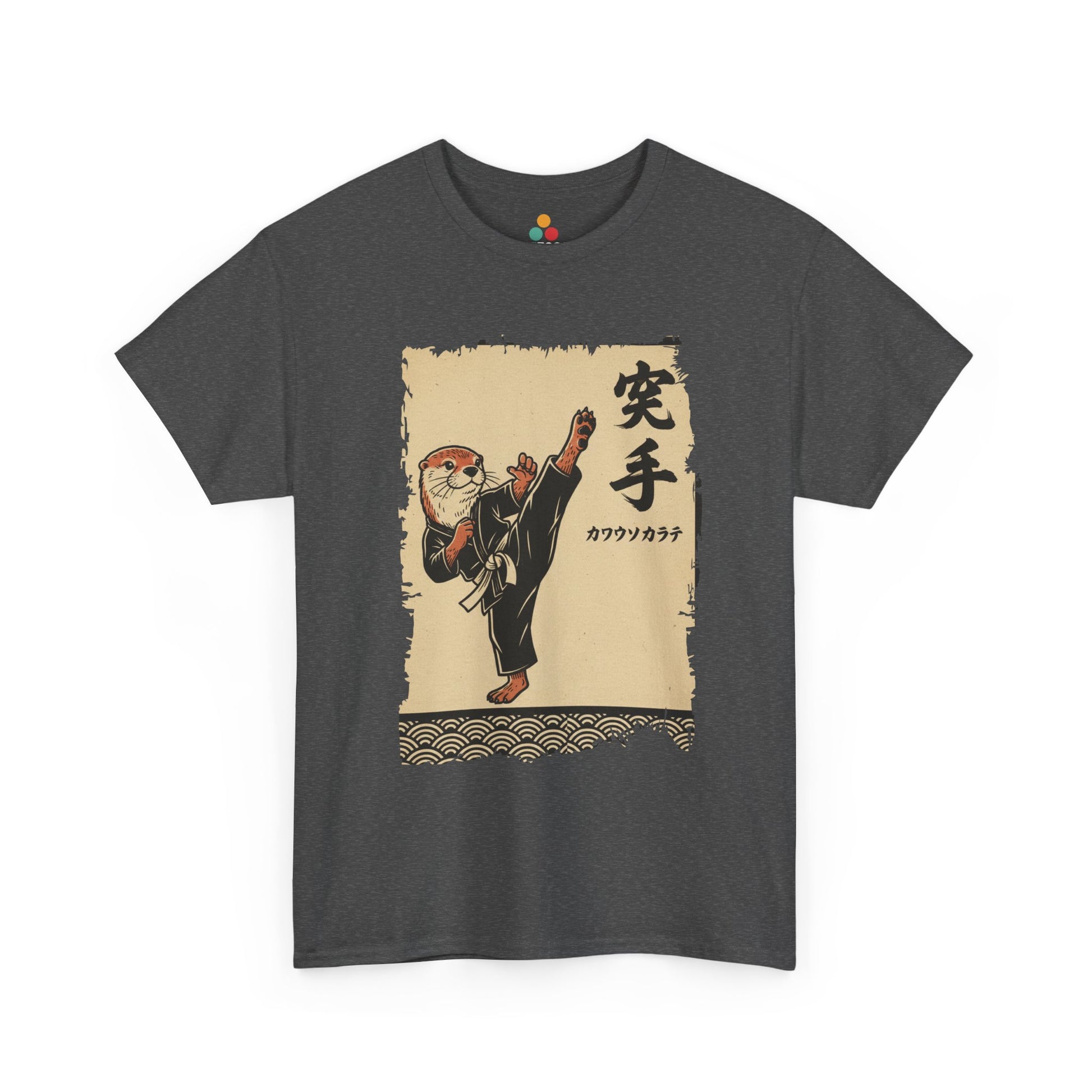 Vintage Japanese Gray Te shirt ukiyo-e style otter karate master doing a high kick with waves and calligraphy on parchment background