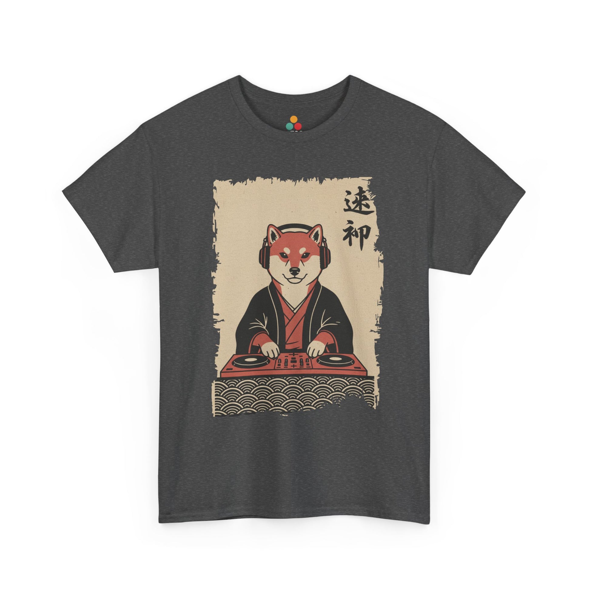 Vintage Japanese Gray Tee shirt ukiyo-e style Shiba Inu DJ playing turntable with headphones and calligraphy on parchment background
