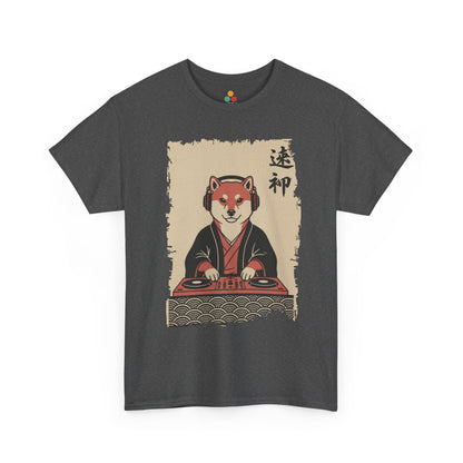 Vintage Japanese Gray Tee shirt ukiyo-e style Shiba Inu DJ playing turntable with headphones and calligraphy on parchment background
