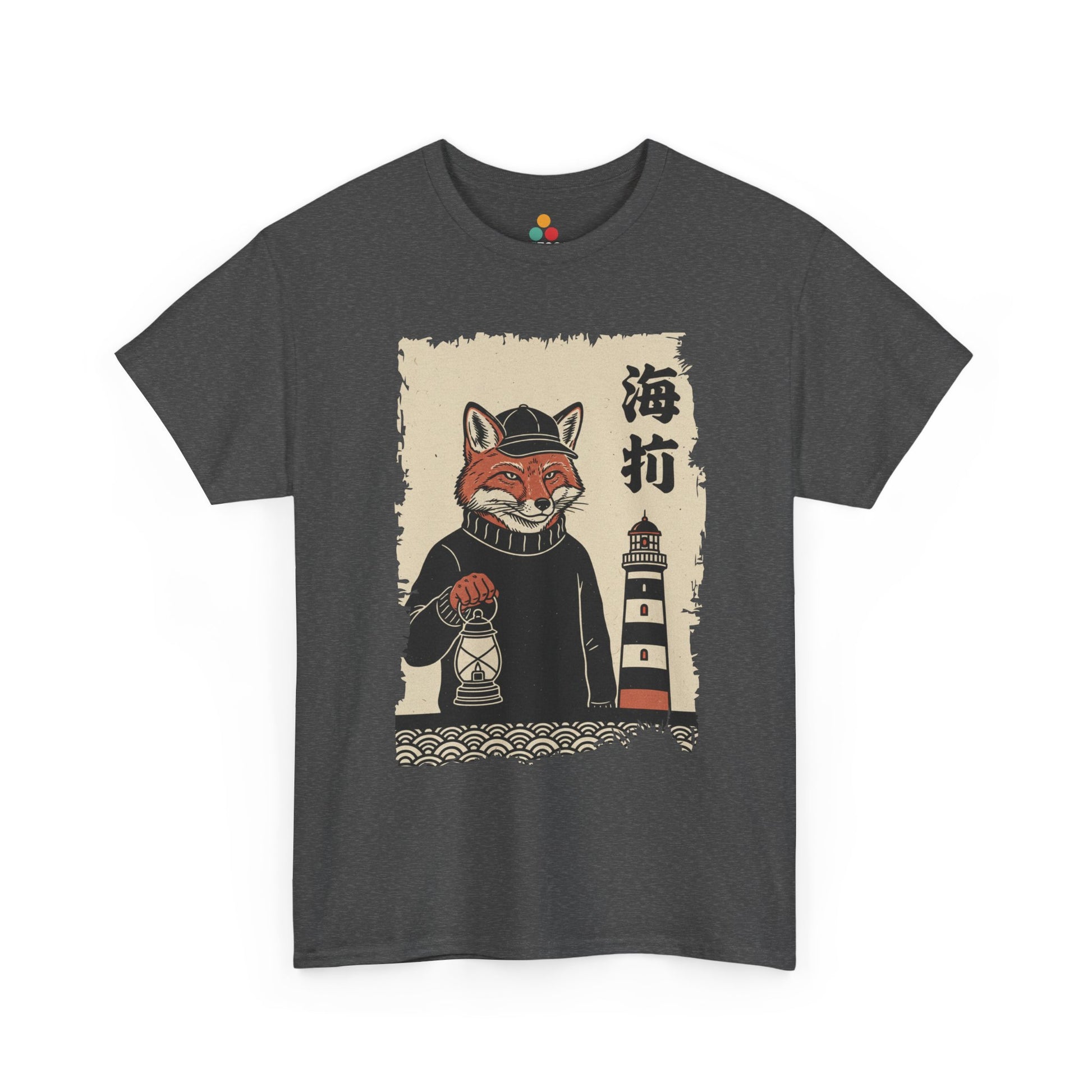 Vintage Japanese Gray Tee shirt ukiyo-e style fox lighthouse keeper holding a lantern with waves and calligraphy on parchment background