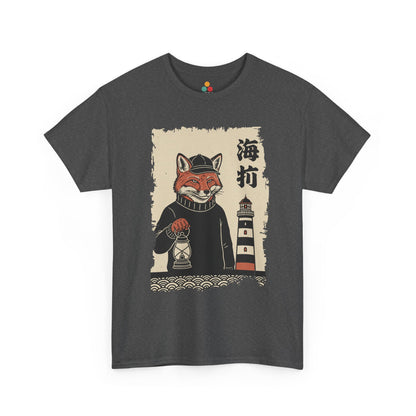 Vintage Japanese Gray Tee shirt ukiyo-e style fox lighthouse keeper holding a lantern with waves and calligraphy on parchment background