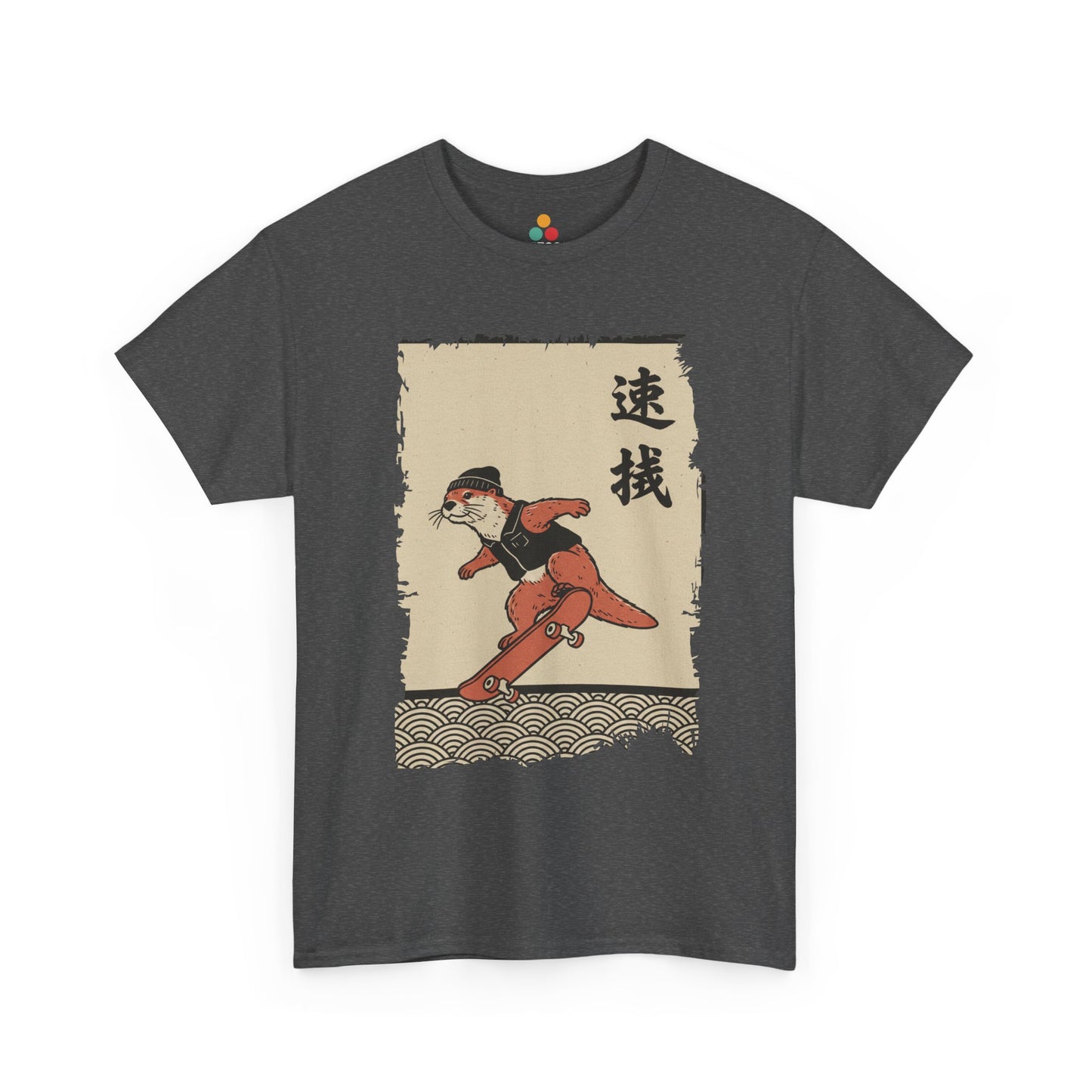 Vintage Japanese Gray  Vintage ukiyo-e style otter skateboarding with waves and calligraphy on parchment background​
