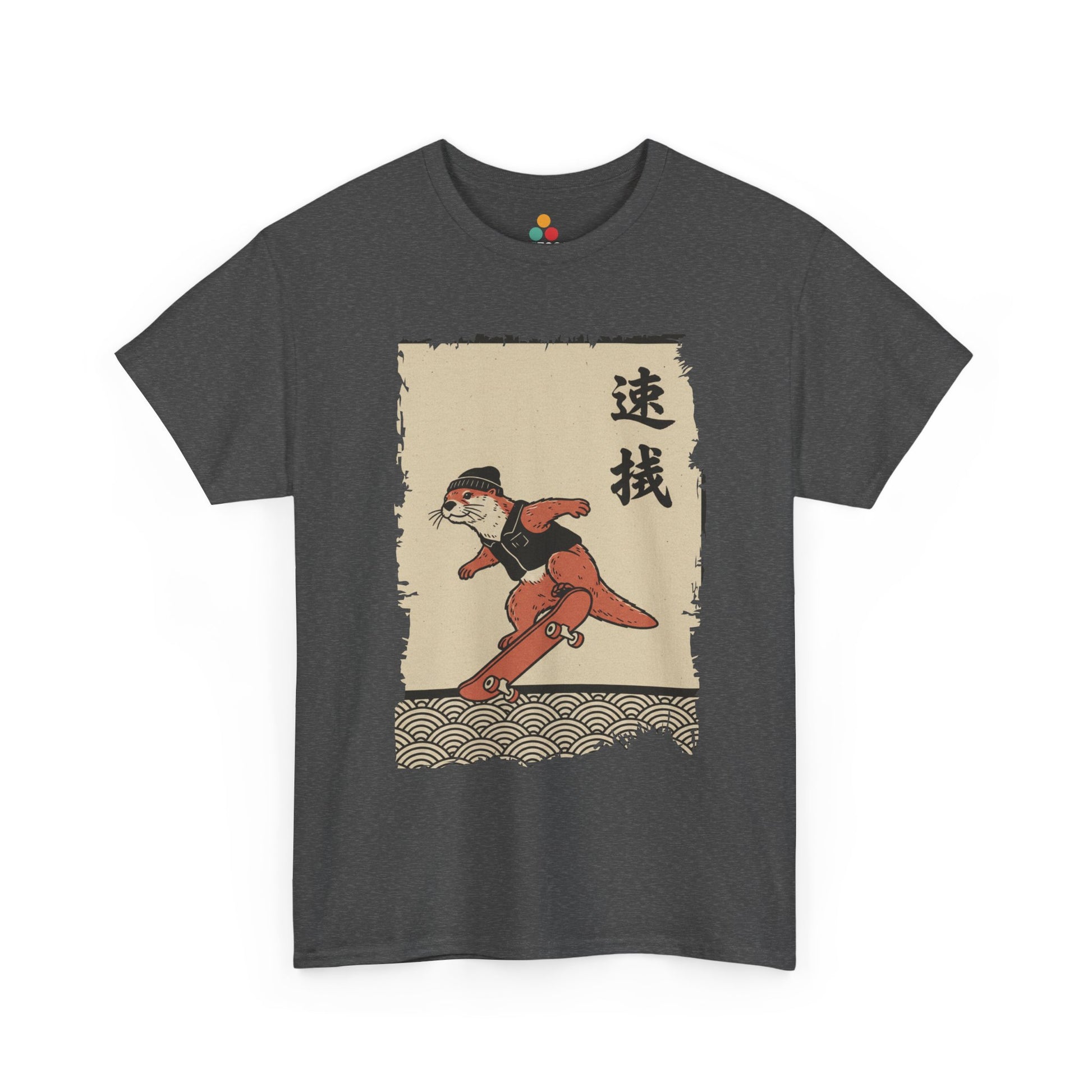 Vintage Japanese Gray  Vintage ukiyo-e style otter skateboarding with waves and calligraphy on parchment background​

