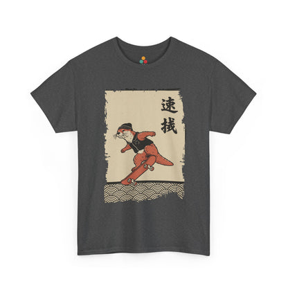 Vintage Japanese Gray  Vintage ukiyo-e style otter skateboarding with waves and calligraphy on parchment background​
