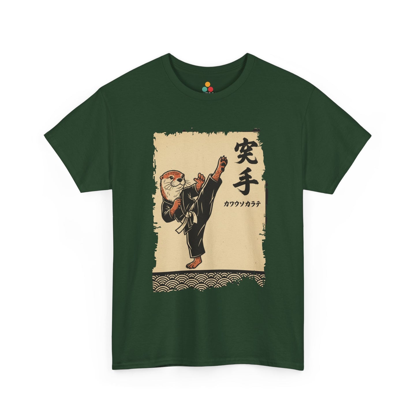 Vintage Japanese Green Te shirt ukiyo-e style otter karate master doing a high kick with waves and calligraphy on parchment background