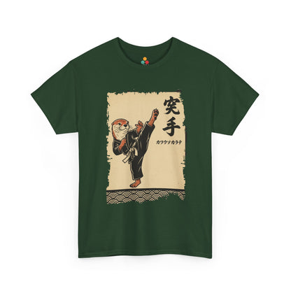 Vintage Japanese Green Te shirt ukiyo-e style otter karate master doing a high kick with waves and calligraphy on parchment background