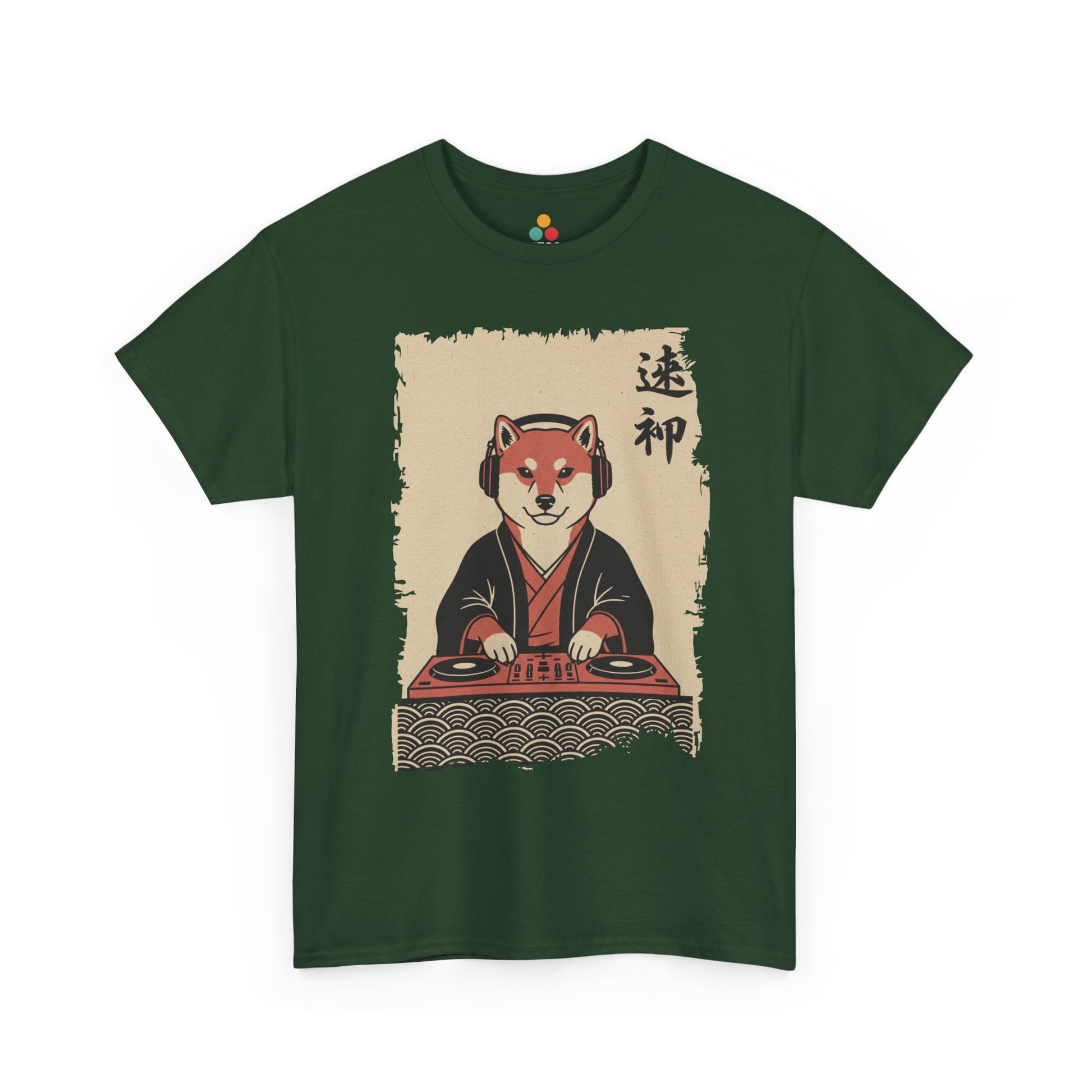 Vintage Japanese Green Tee shirt ukiyo-e style Shiba Inu DJ playing turntable with headphones and calligraphy on parchment background
