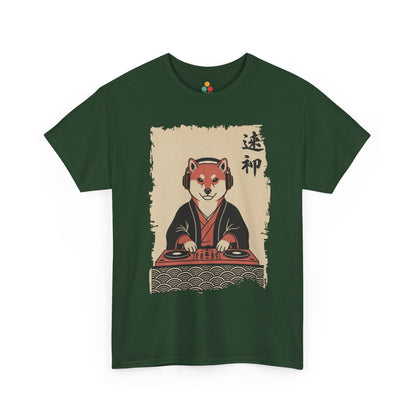 Vintage Japanese Green Tee shirt ukiyo-e style Shiba Inu DJ playing turntable with headphones and calligraphy on parchment background
