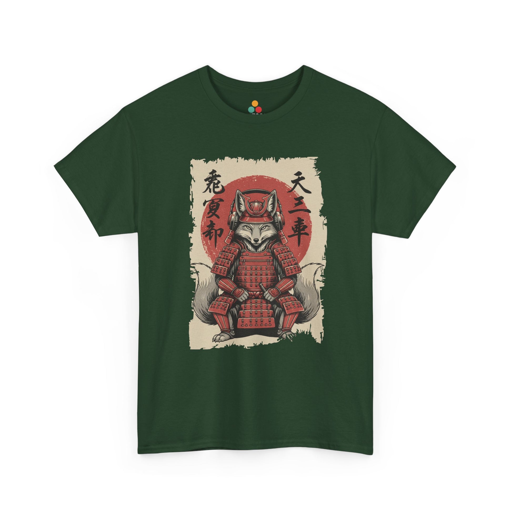 Vintage Japanese Green Tee shirt ukiyo-e style fox samurai shogun in red armor with red sun and calligraphy on parchment background​


