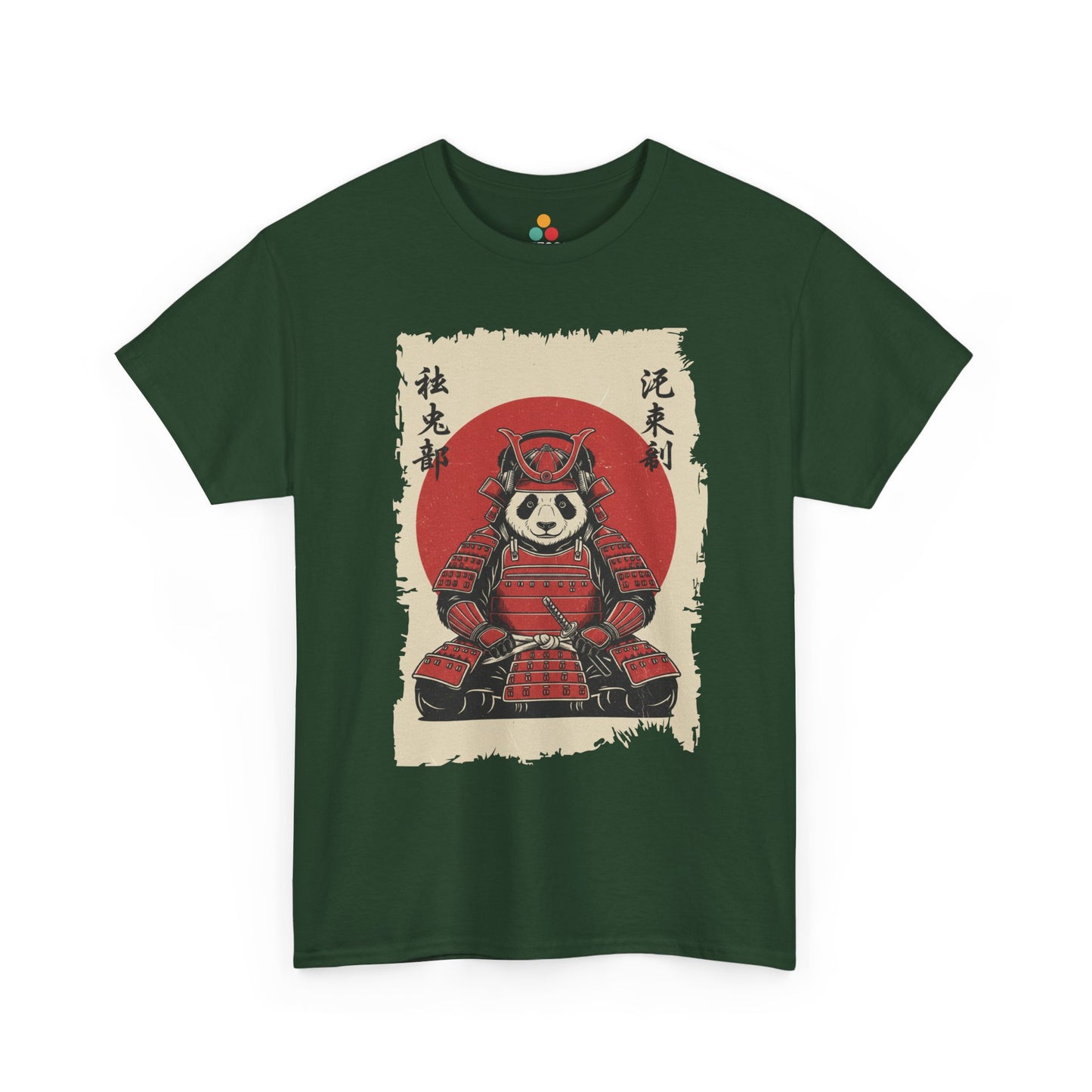 Vintage Japanese Green Tee shirt ukiyo-e style panda samurai warrior in red armor with red sun and calligraphy on parchment background