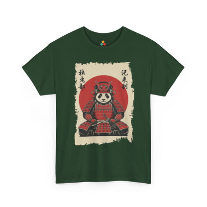 Vintage Japanese Green Tee shirt ukiyo-e style panda samurai warrior in red armor with red sun and calligraphy on parchment background